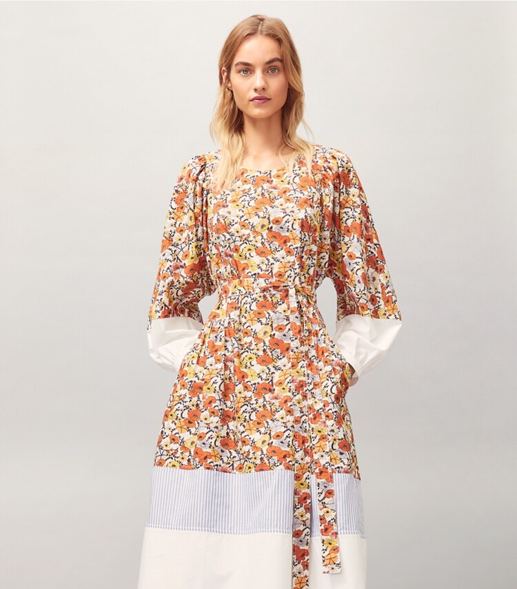 Tory Burch designer dresses Printed Cotton Dress in Ivory Blossom Ditsy accessory on model