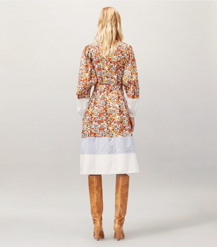 Tory Burch designer dresses Printed Cotton Dress in Ivory Blossom Ditsy on model back
