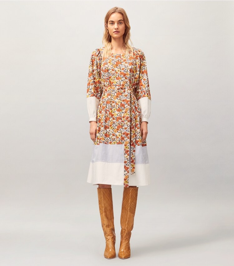 Tory Burch designer dresses Printed Cotton Dress in Ivory Blossom Ditsy on model front