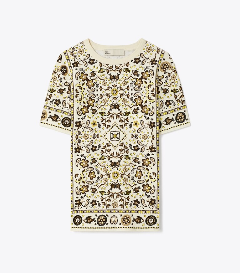 Tory Burch designer tops Printed Cotton Jersey T-Shirt in Ivory Pisces Dream front