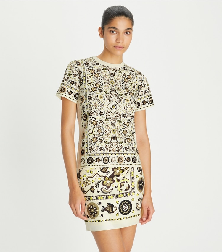 Tory Burch designer tops Printed Cotton Jersey T-Shirt in Ivory Pisces Dream on model detail