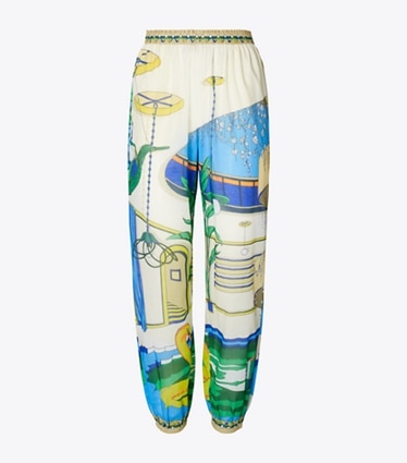 Tory Burch designer coverups Printed Cotton Lounge Pant in Green Pool front