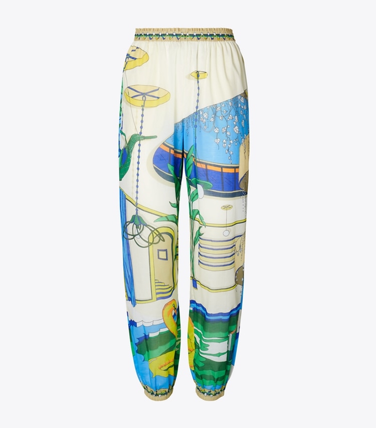 Tory Burch designer coverups Printed Cotton Lounge Pant in Green Pool front