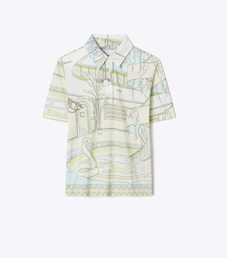 Tory Burch designer トップス プリント コットン ポロシャツ in The Pool Neutral front
