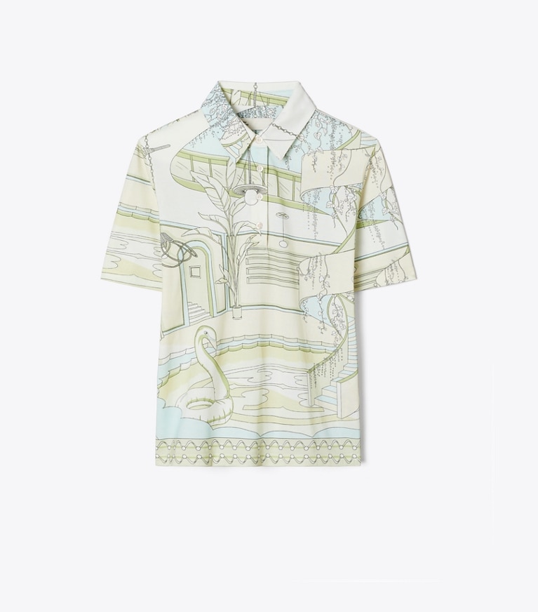 Tory Burch designer トップス プリント コットン ポロシャツ in The Pool Neutral front