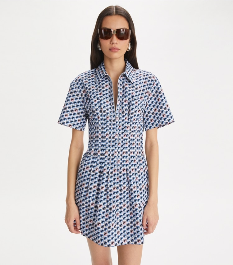 Tory Burch designer dresses Printed Cotton Poplin Dress in Blue Candy Dots on model detail