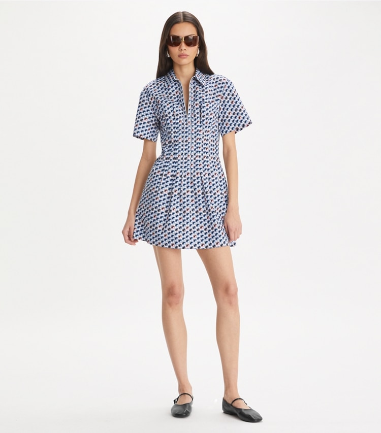 Tory Burch designer dresses Printed Cotton Poplin Dress in Blue Candy Dots on model front