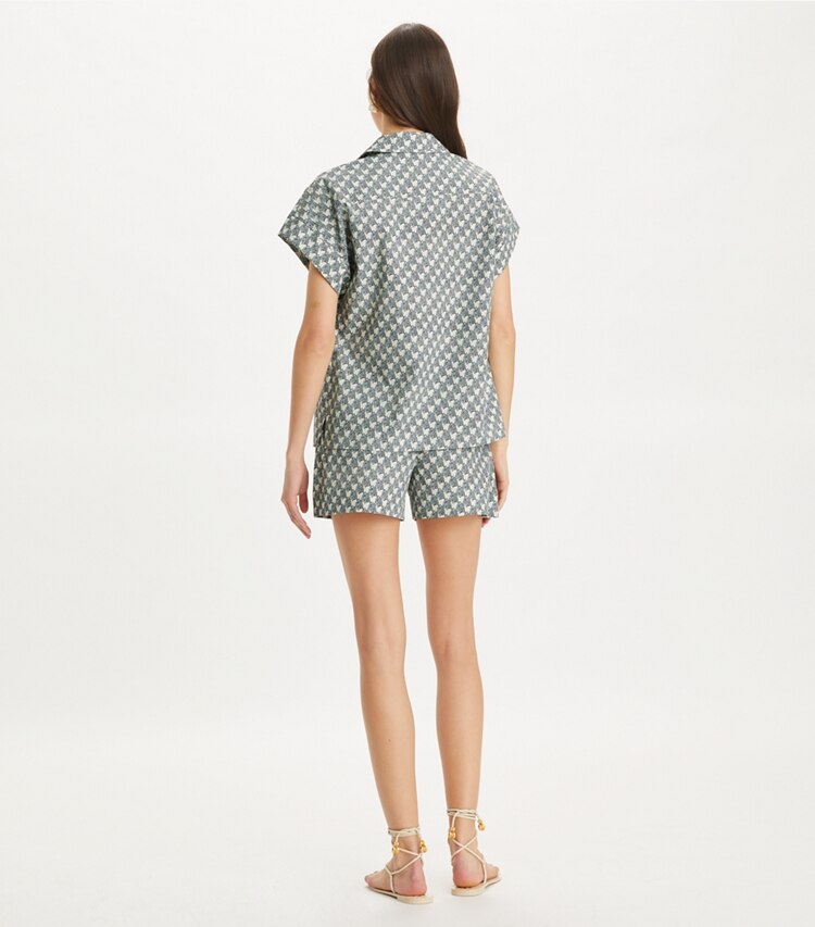 Tory Burch designer bottoms Printed Cotton Poplin Short in Blue Mini Zebra on model back