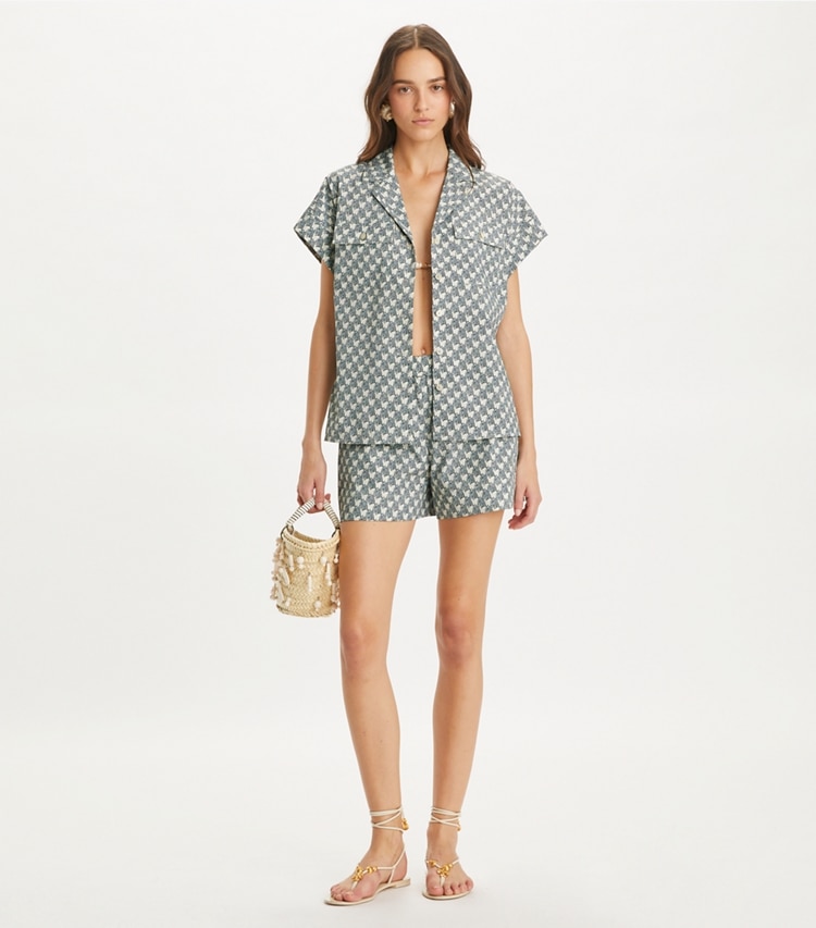Tory Burch designer bottoms Printed Cotton Poplin Short in Blue Mini Zebra on model front