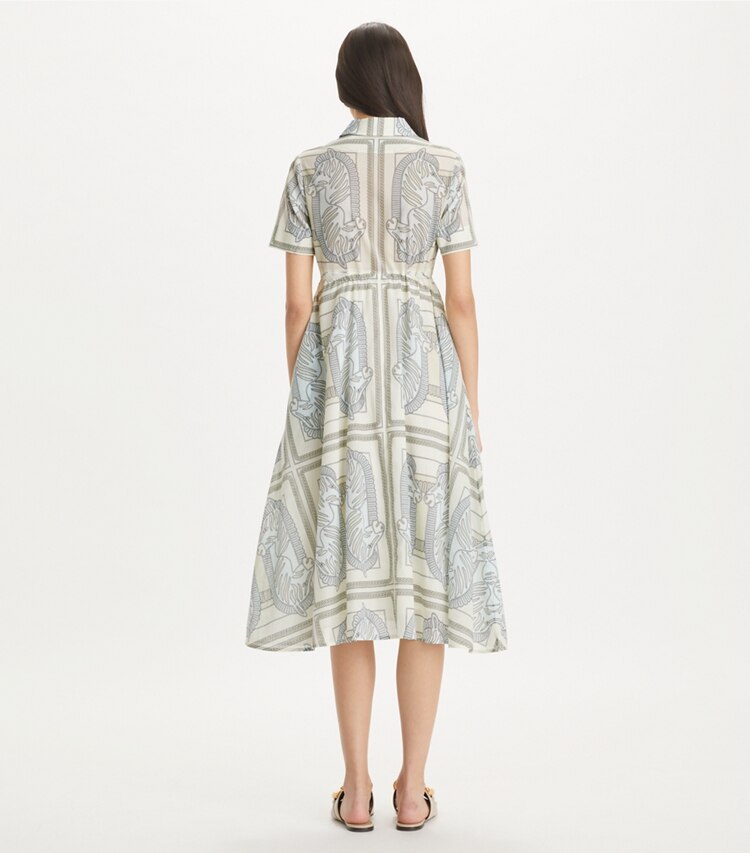 Tory Burch designer coverups Printed Cotton Shirtdress in Blue Zebra Scarf on model back