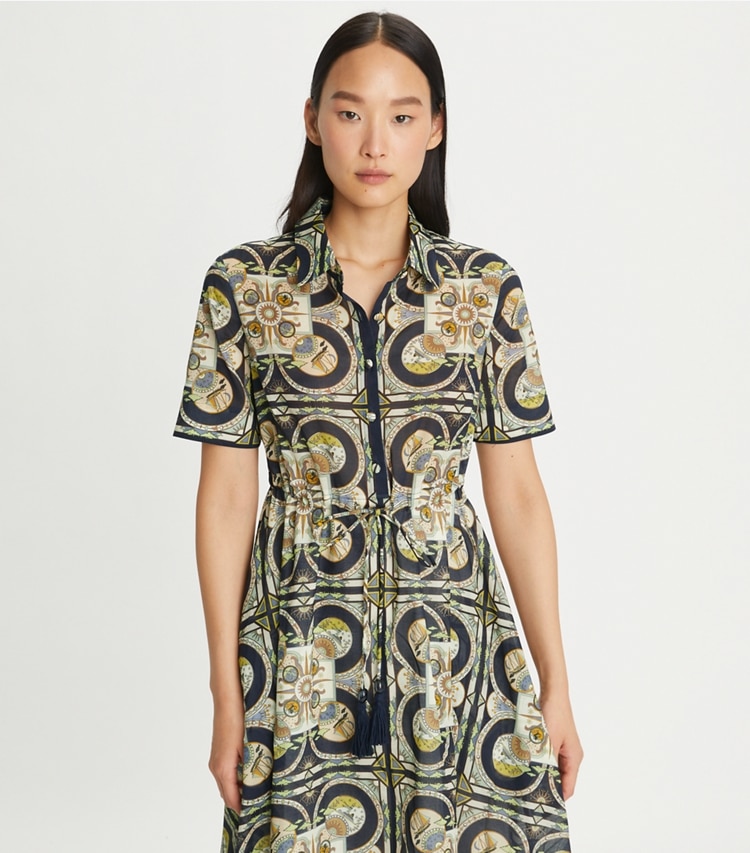 Tory Burch designer coverups Printed Cotton Shirtdress in Navy Sundial Square on model detail