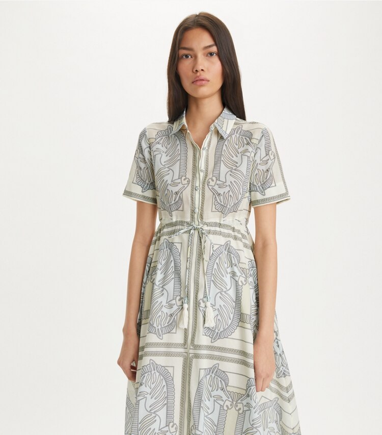 Tory Burch designer coverups Printed Cotton Shirtdress in Blue Zebra Scarf on model detail
