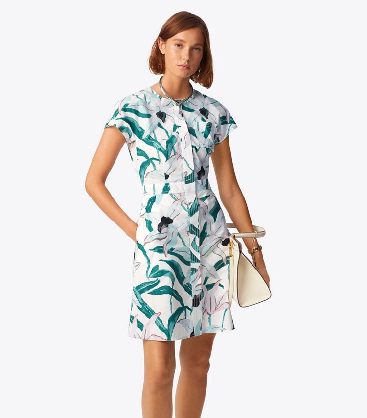 Tory Burch designer dresses Printed Cotton Shirtdress in Ivory Desert Bloom on model detail