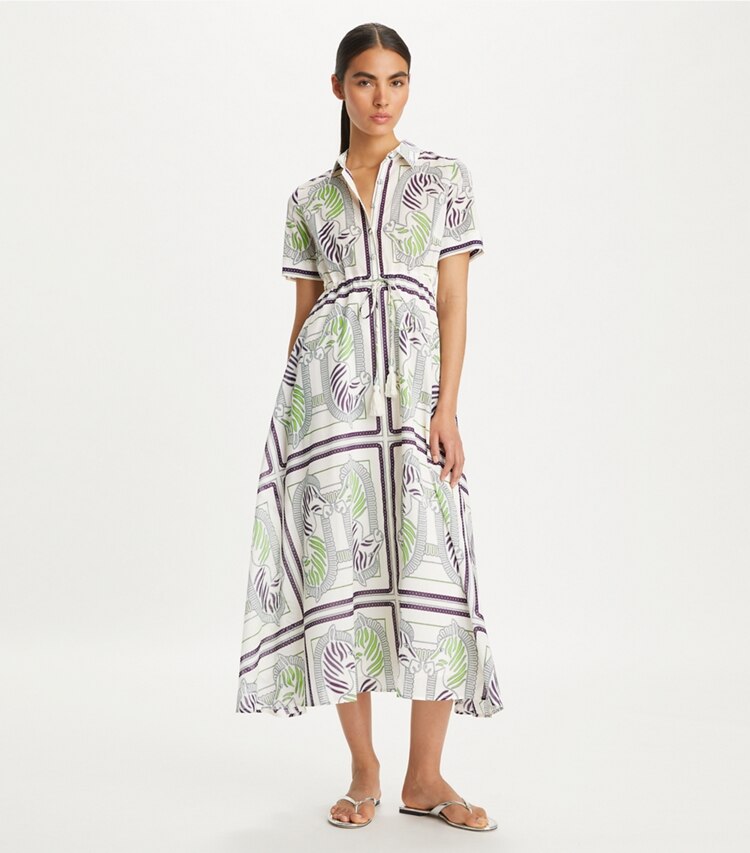 Tory Burch designer coverups Printed Cotton Shirtdress in Ivory Zebra Scarf on model front