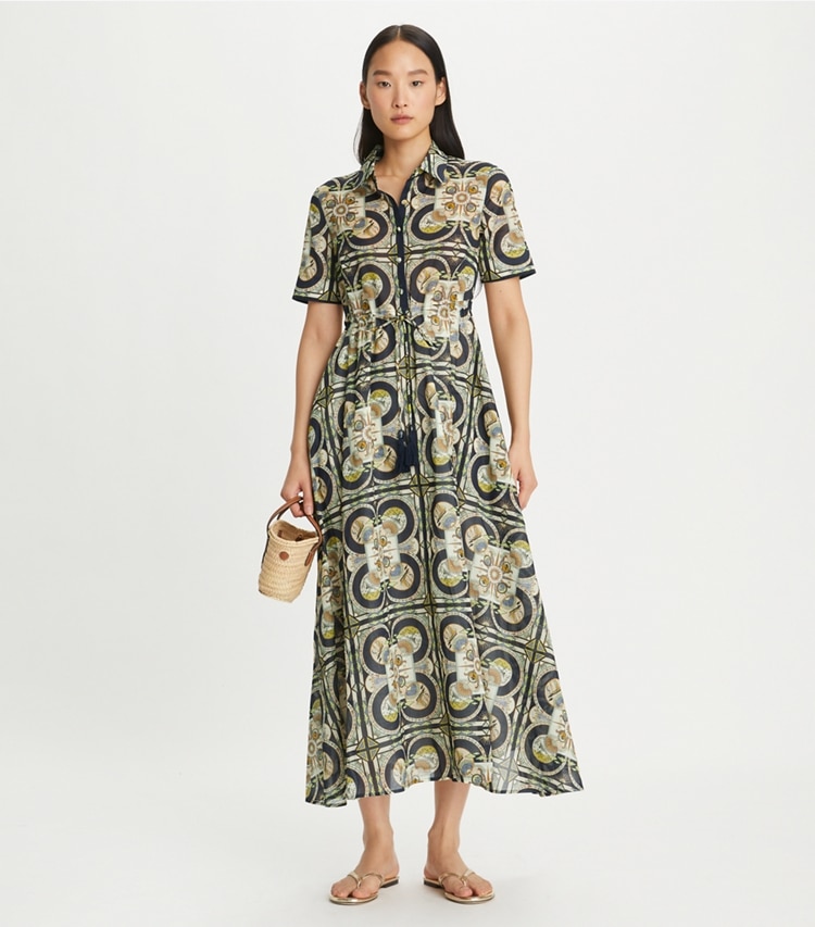 Tory Burch designer coverups Printed Cotton Shirtdress in Navy Sundial Square on model front