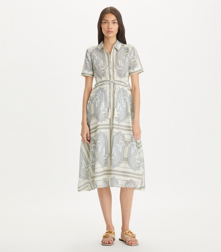Tory Burch designer coverups Printed Cotton Shirtdress in Blue Zebra Scarf on model front