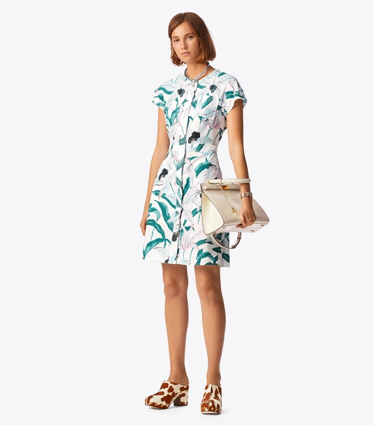 Tory Burch designer dresses Printed Cotton Shirtdress in Ivory Desert Bloom on model front
