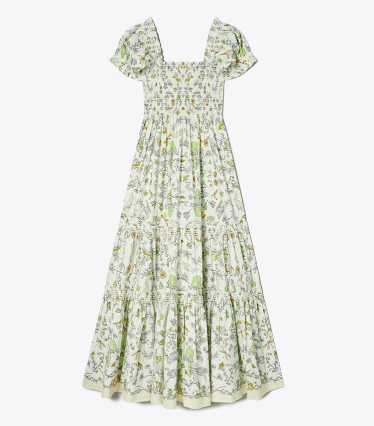 Tory Burch designer coverups Printed Cotton Smocked Dress in Beige Rabbit Field front