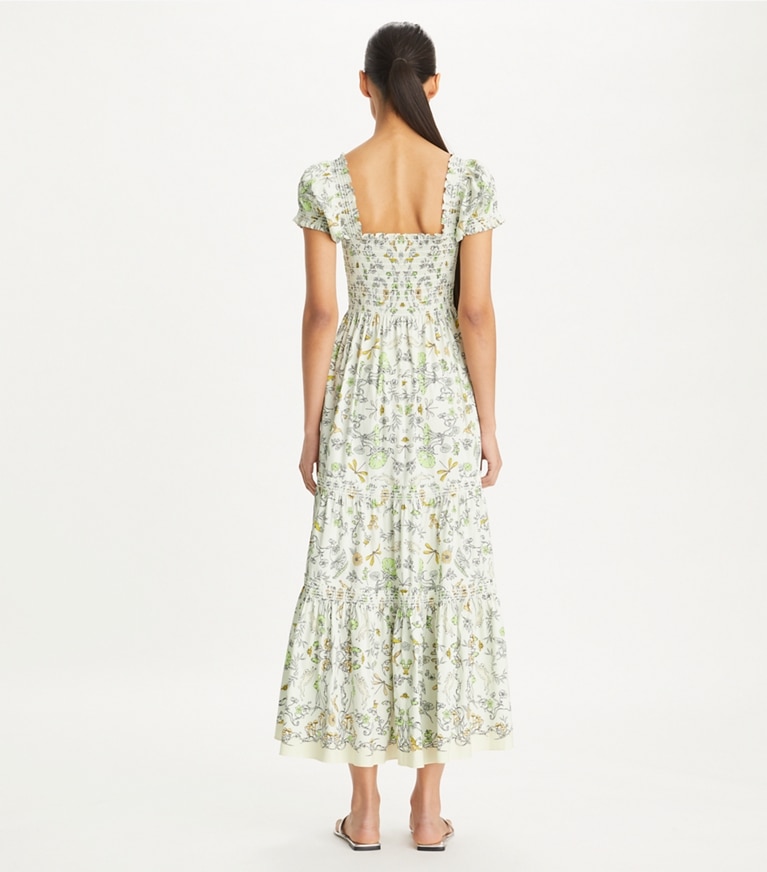 Tory Burch designer coverups Printed Cotton Smocked Dress in Beige Rabbit Field front
