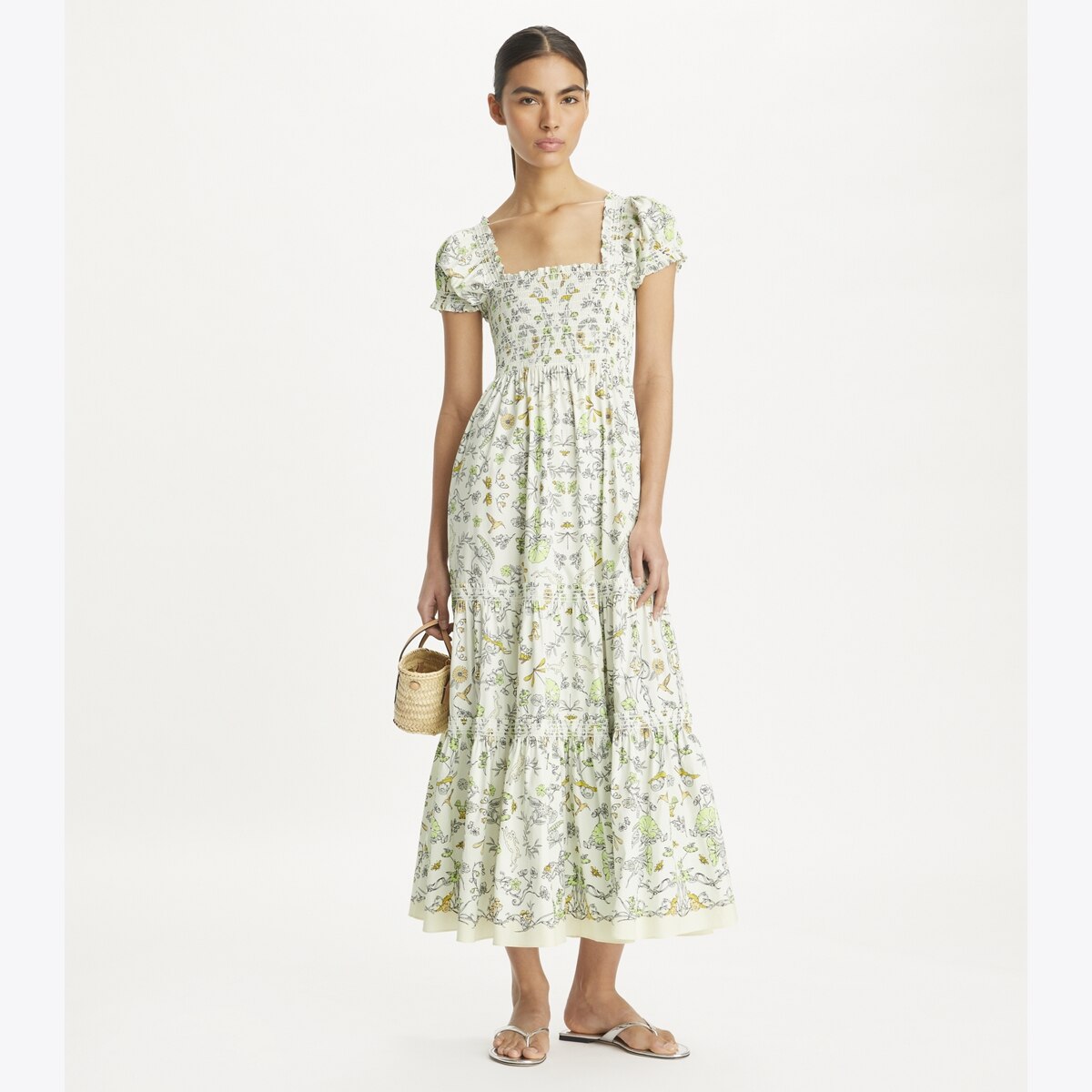 TORY BURCH ワンピース 服 Smocked cotton and silk 827192 Tory Burch Printed Smocked Midi Dress | Neiman Marcus