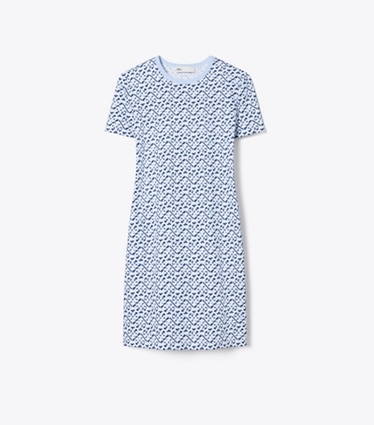 Tory Burch designer ドレス プリント コットン Tシャツドレス in Lt. Blue Prismatic T Monogram Small front