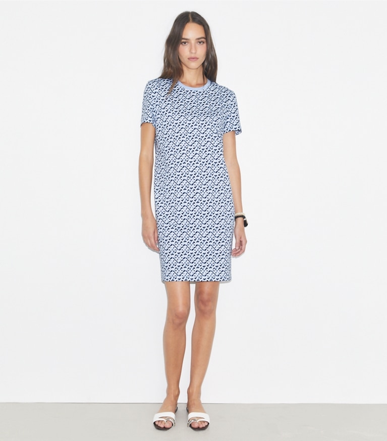 Tory Burch designer ドレス プリント コットン Tシャツドレス in Lt. Blue Prismatic T Monogram Small front