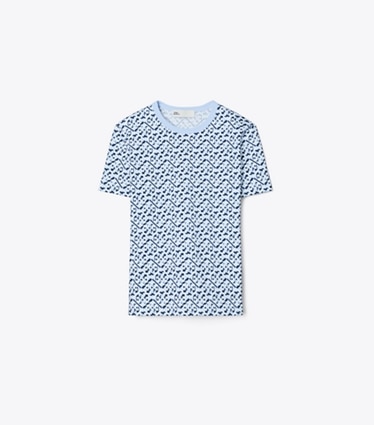 Tory Burch designer トップス プリントコットン Tシャツ in Light Blue Prismatic T Monogram front