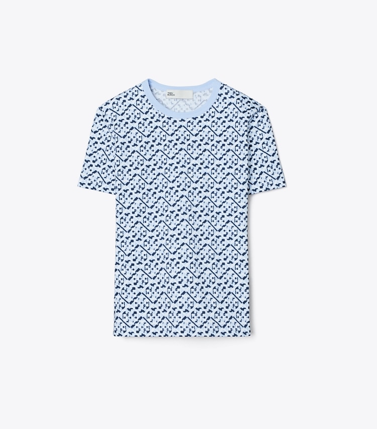 Tory Burch designer トップス プリントコットン Tシャツ in Light Blue Prismatic T Monogram front