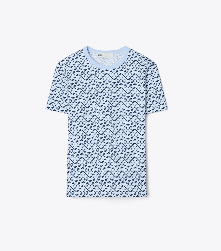 Tory Burch designer トップス プリントコットン Tシャツ in Light Blue Prismatic T Monogram front