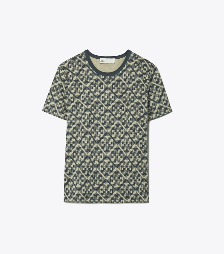 Tory Burch designer tops Printed Cotton T-Shirt in Blue Prismatic T Monogram Tee front