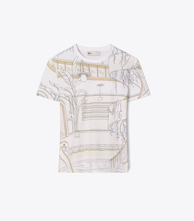 Tory Burch designer トップス プリント コットンTシャツ in Neutral Pool front