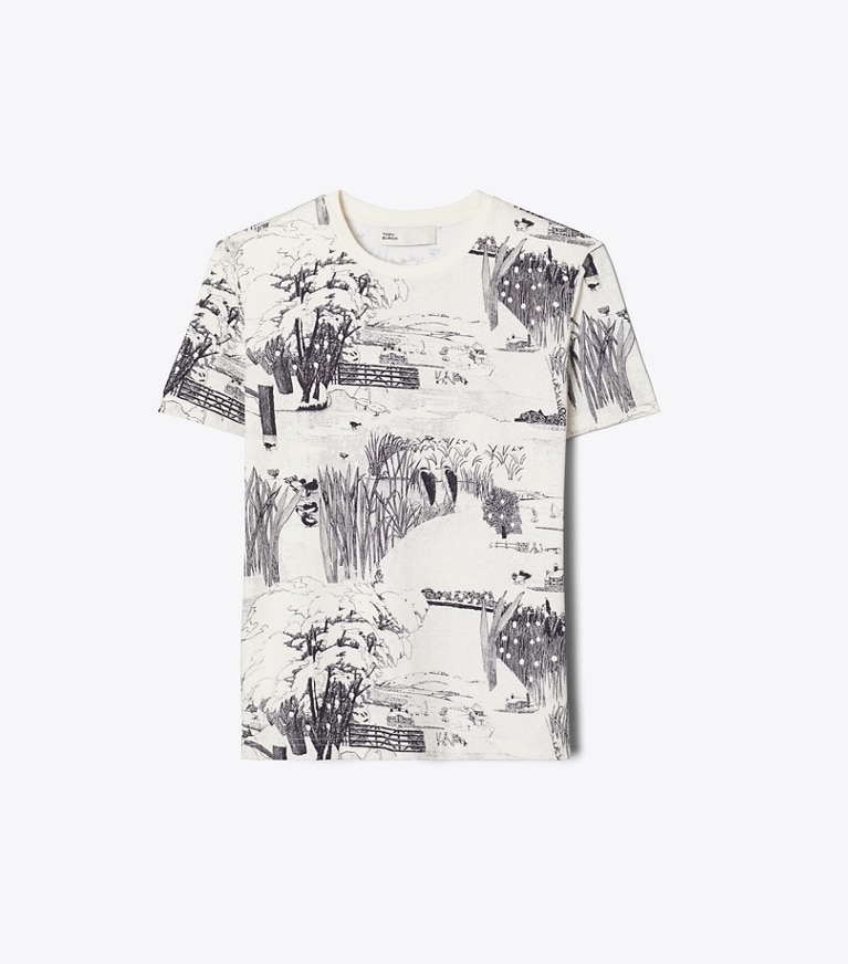 Tory Burch designer トップス プリント コットンTシャツ in Ivory Forest front