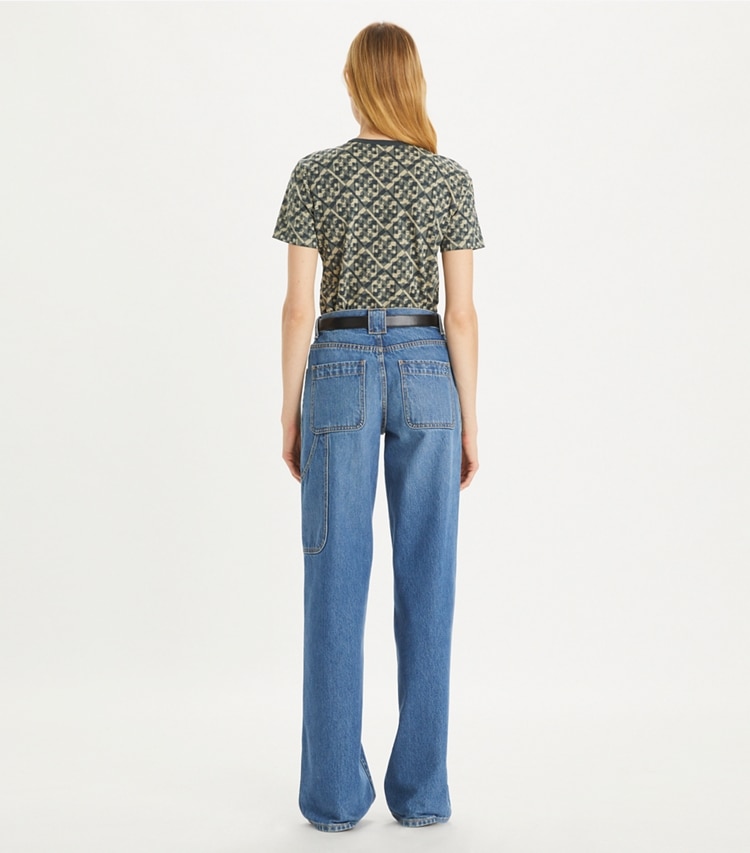 Tory Burch designer tops Printed Cotton T-Shirt in Blue Prismatic T Monogram Tee on model back
