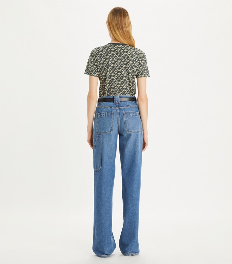 Tory Burch designer tops Printed Cotton T-Shirt in Blue Prismatic T Monogram Tee front