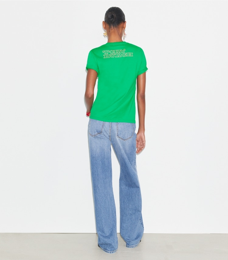 Tory Burch designer tops Printed Cotton T-Shirt in Green on model back