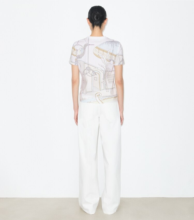 Tory Burch designer トップス プリント コットンTシャツ in Neutral Pool on model back