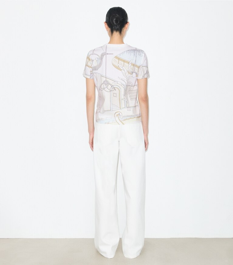 Tory Burch designer トップス プリント コットンTシャツ in Neutral Pool on model back