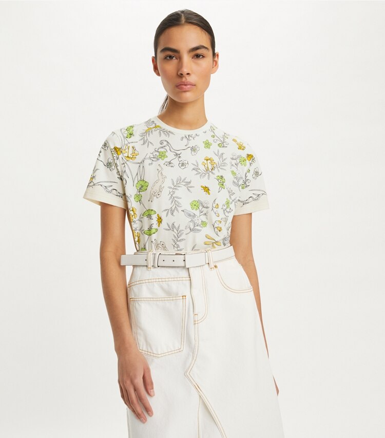 Tory Burch designer tops Printed Cotton T-Shirt in Beige Rabbit Field on model detail