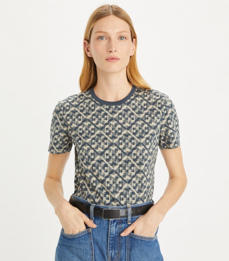 Tory Burch designer tops Printed Cotton T-Shirt in Blue Prismatic T Monogram Tee on model detail