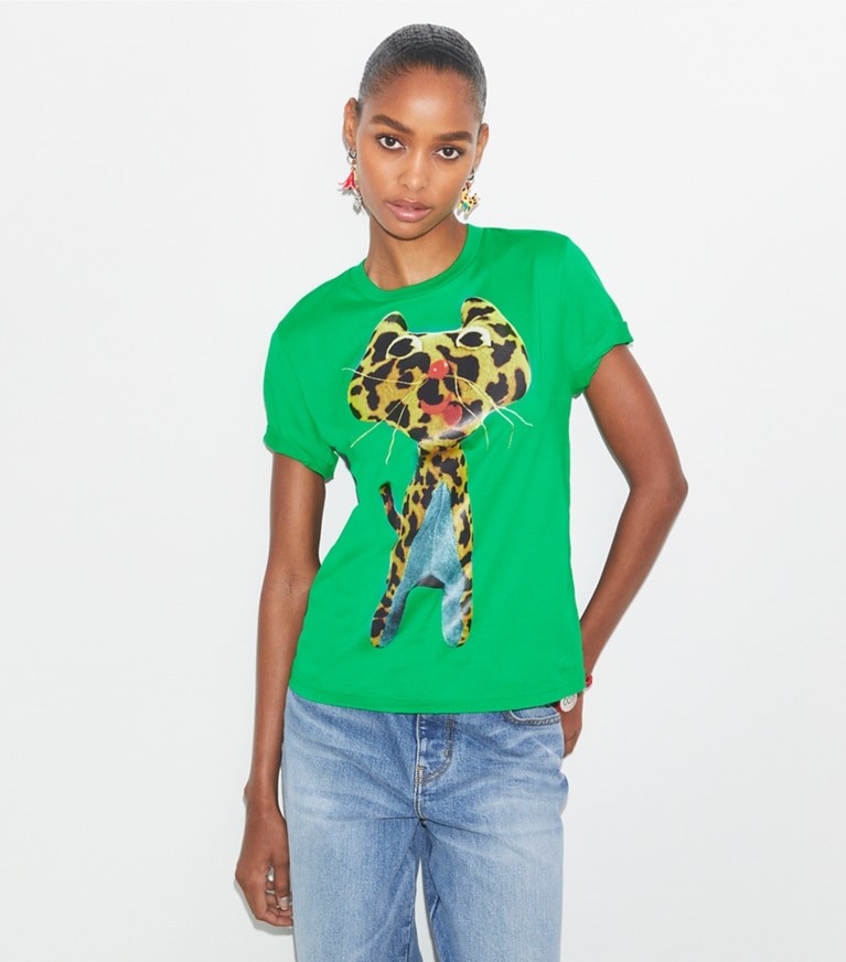 Tory Burch designer tops Printed Cotton T-Shirt in Green front