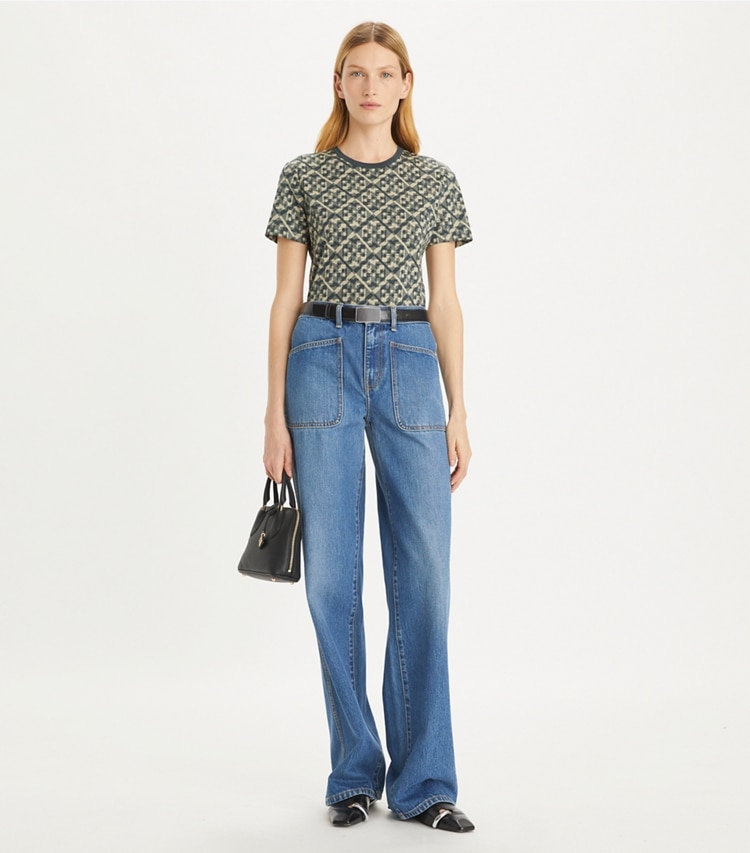 Tory Burch designer tops Printed Cotton T-Shirt in Blue Prismatic T Monogram Tee on model front