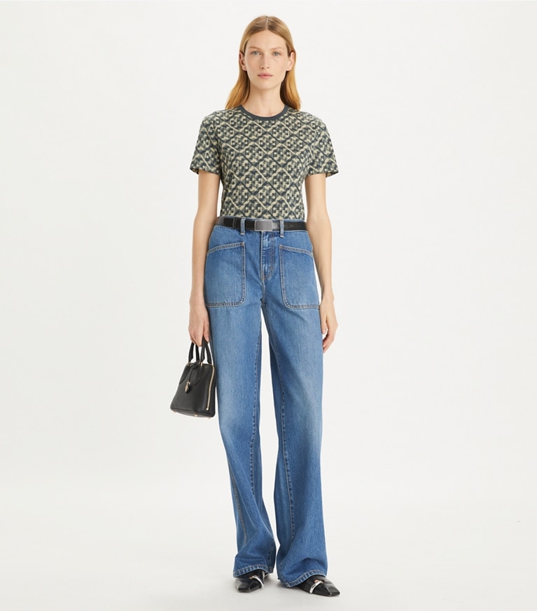 Tory Burch designer tops Printed Cotton T-Shirt in Blue Prismatic T Monogram Tee front