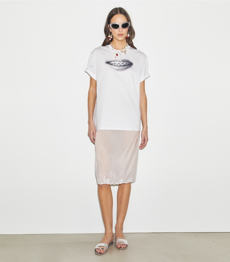 Tory Burch designer tops Printed Cotton T-Shirt in Gray Braces on model front