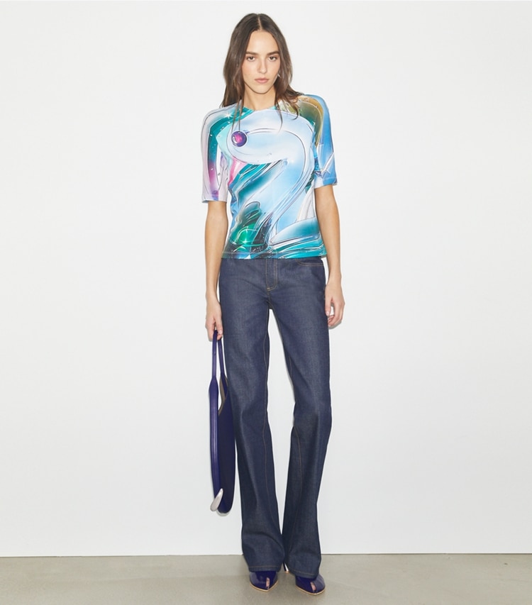 Tory Burch designer tops Printed Cotton T-Shirt in Blue Glass Swan AllOver on model front
