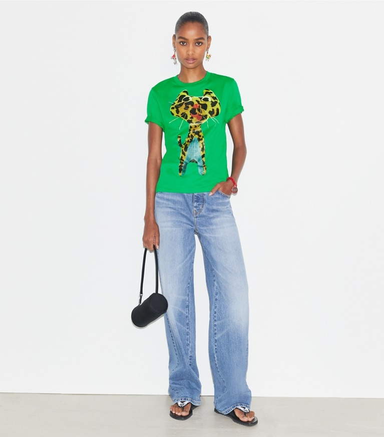 Tory Burch designer tops Printed Cotton T-Shirt in Green front