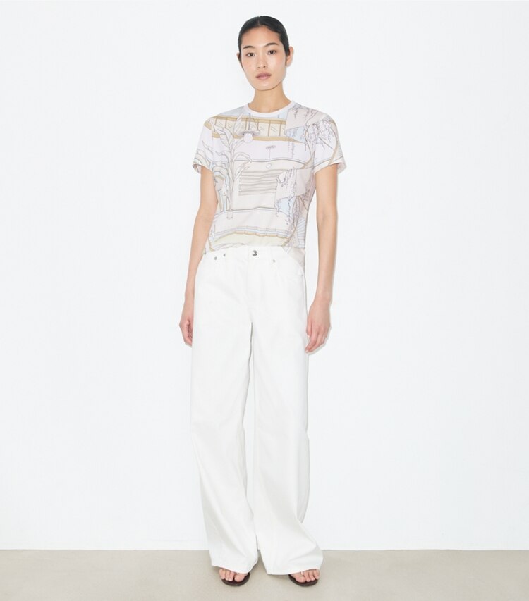 Tory Burch designer トップス プリント コットンTシャツ in Neutral Pool モデル前面