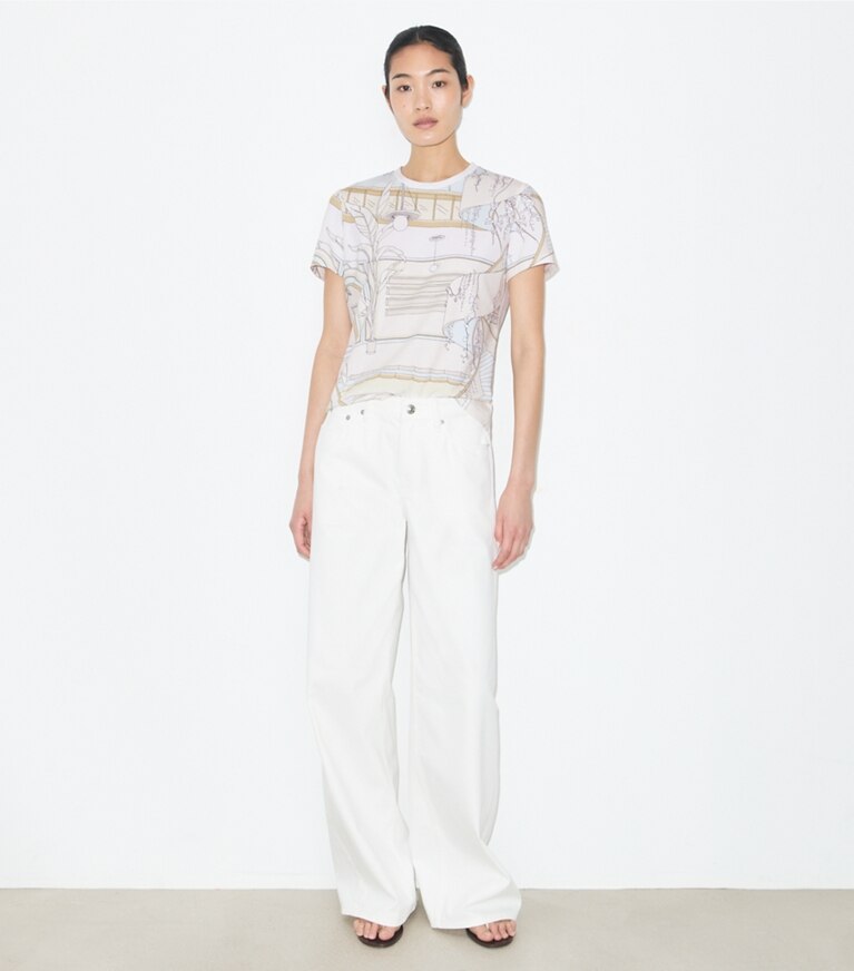 Tory Burch designer トップス プリント コットンTシャツ in Neutral Pool モデル前面