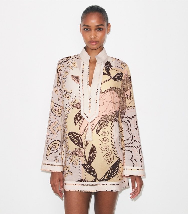 Tory Burch designer coverups Printed Cotton Tory Tunic in Pink Cockatoo on model detail