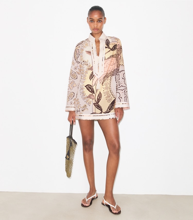 Tory Burch designer coverups Printed Cotton Tory Tunic in Pink Cockatoo on model front
