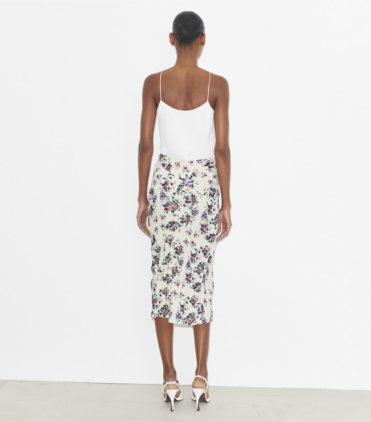 Tory Burch designer bottoms Printed Cotton Velvet Skirt in Purple Floral on model back